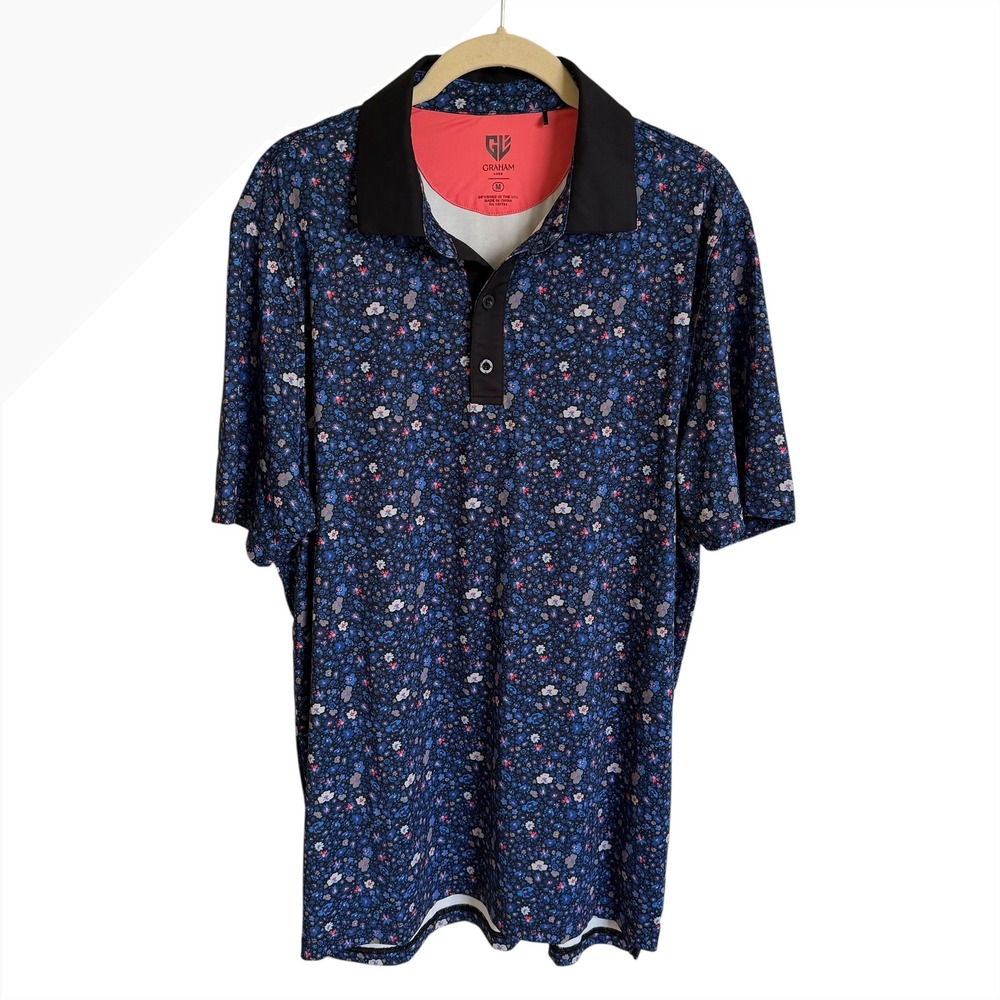Graham Luxe Maddox Blue Floral Performance Golf Polo Shirt Mens Medium GL11424‎